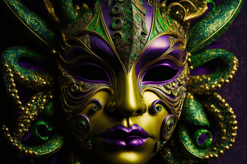 Fototapeta na wymiar Mardi gras Venetian carnival mask on a dark background. Generative Ai
