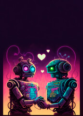 An unique and playful image of two robots dressed in geeky costumes holding hands and looking into each other's eyes, set against a cyberpunk-inspired cityscape with neon lights and holographic