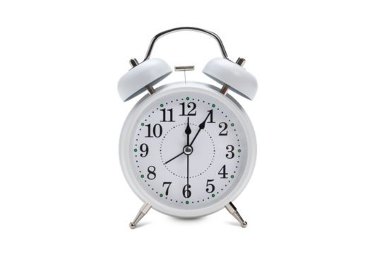 White alarm clock on a white isolated background