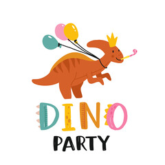 Happy birthday. Lovely vector illustration with funny dinosaur and gift. Hand drawn print, greeting card or poster for children room decoration. Flat cartoon dino character and lettering