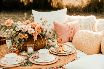 Valentines day boho picnic with soft peach and warm florals, candles, AI assisted finalized in Photoshop by me 
