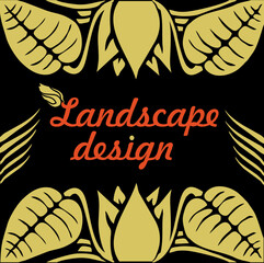 Landscaping - logo. Golden abstract leaves on a black background. Vector.