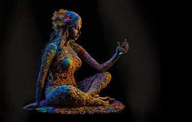 side view of a colorful woman statue in a yoga lotus position on a dark background with copy space, generative ai
