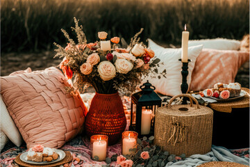 Valentines day boho picnic with soft peach and warm florals, candles, AI assisted finalized in Photoshop by me 
