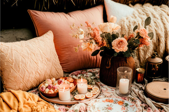 Valentines day boho picnic with soft peach and warm florals, candles, AI assisted finalized in Photoshop by me 

