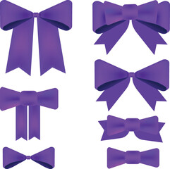 Vector set of purple bow with diagonaly ribbon on the corner for gift decor
