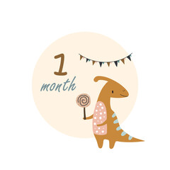 1 one month Baby month anniversary card metrics. Baby shower print with cute animal dino, flowers and palm capturing all special moments. Baby milestone card for newborn girl.
