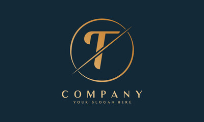 Sliced Letter T Logo With Circle Shape. Letter T Luxury Logo Template In Gold Color. Beautiful Logotype Design For Luxury Company Branding.