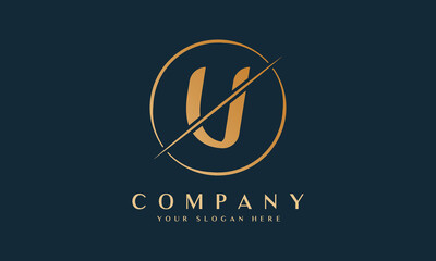 Obraz premium Sliced Letter V Logo With Circle Shape. Letter V Luxury Logo Template In Gold Color. Beautiful Logotype Design For Luxury Company Branding.