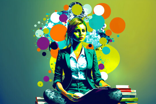 Business woman in a suit sitting with books and laptop pc. Concentrated expression. Generative AI, this image is not based on any original image, character or person.