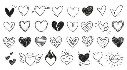 Doodle, hand drawn, sketch style hearts icon set.