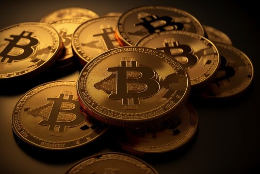 image of Bitcoin crypto money shown as gold coins. generative AI