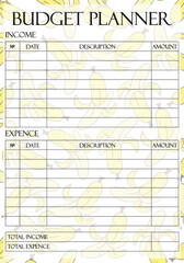 Budget planner template on banana pastel background. Income, expence, savings, budget allocation, price, amount, payment, bookkeeping. Financial management concept. Vector illustration