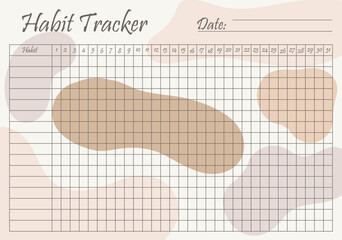 Habit tracker template on pastel beige background. Monthly planner page. Event, inculcate habits, schedule, improve yourself, self development, awareness. Time management concept. Vector illustration