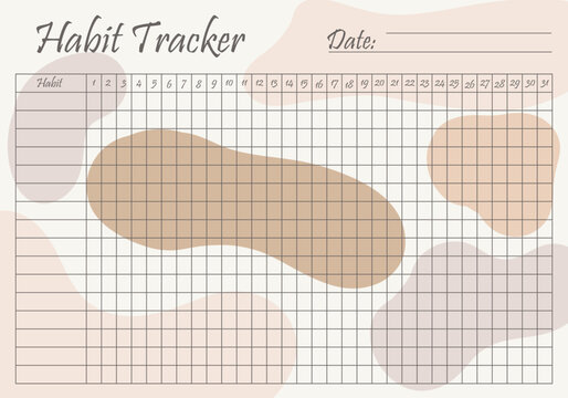 Habit tracker template on pastel beige background. Monthly planner page. Event, inculcate habits, schedule, improve yourself, self development, awareness. Time management concept. Vector illustration