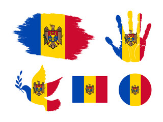 Moldova flag set, flag of Moldova collection. Flag in grunge, Dove, Handprint, square and round shape. vector illustration