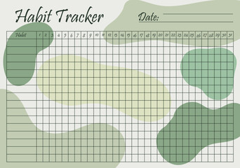 Habit tracker template on pastel green background. Monthly planner page. Event, inculcate habits, schedule, improve yourself, self development, awareness. Time management concept. Vector illustration
