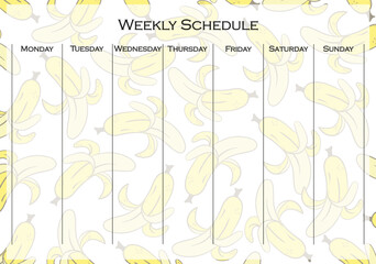 Fototapeta na wymiar Weekly schedule page on pastel banana background. Event planner template, days of the week, planning, dairy, project, priorities, notes, appointments. Time management concept. Vector illustration