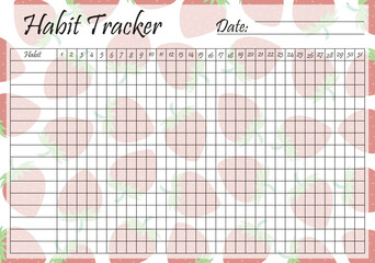 Habit tracker template on pastel strawberry background. Monthly planner page. Event, inculcate habits, schedule, improve yourself, self development, awareness. Time management. Vector illustration