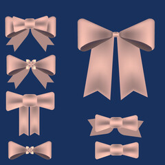 Vector set of beige bow with diagonaly ribbon on the corner for gift decor