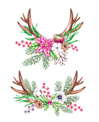 Watercolor set of Christmas horns with needles and flowers on a white background
