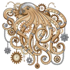 Abwaschbare Fototapete Zeichnung Octopus Steampunk Clocks and Gears Gothic Surreal Retro Style Machine Vector Illustration
