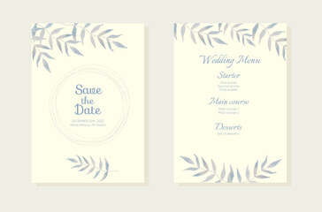Wedding invitation card background with light blue watercolor botanical leaves.