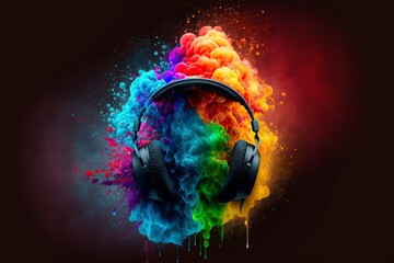 illustration of Headphones between color explosion, generative AI - obrazy, fototapety, plakaty