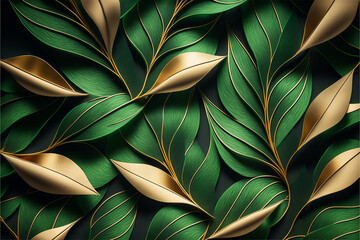 Green and gold abstract leaves plants parts patterns. Creative nature background. Generative AI