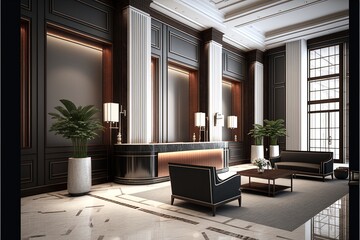 Fototapeta na wymiar Luxurious contemporary hotel lobby reception. generative ai