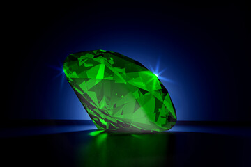 Beautiful Shiny Green Emerald Diamond on Black Blue Background - 3D Illustration Render