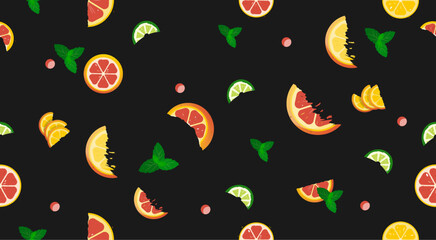 Seamless pattern of colored citrus fruits: oranges, grapefruit and lime on black background. Vector illustration of flat fruits