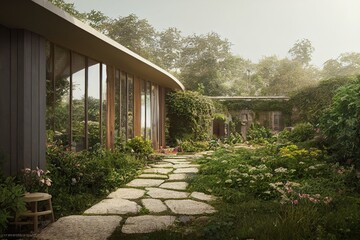 Beautiful Dreamlike Cottage Modern Home in Nature with Flowers Made with Generative AI