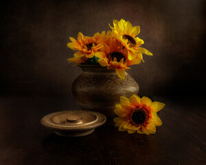Yellow Sunflowers in a Wooden Hand Crafted Vase with Lid