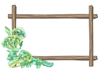 Illustration of a wooden frame decorated with broccoli