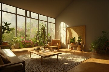 Vibrant Spanish Style Living Modern Interior with Beautiful Golden Light Made with Generative AI