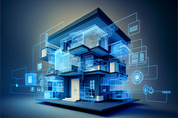 Modern smart home, against the background high-rise buildings. Development architecture computer systems of smart building. Hologram of the smart home is isolated on blue background, Generated ai - obrazy, fototapety, plakaty