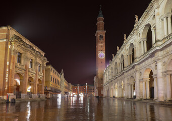 Night view of Vicenza City in Italy with reflections of lights