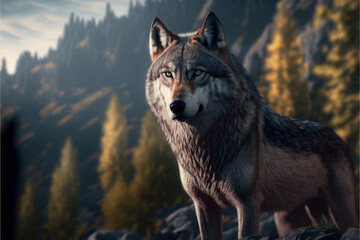 A wolf on forest mountain looking at the horizon