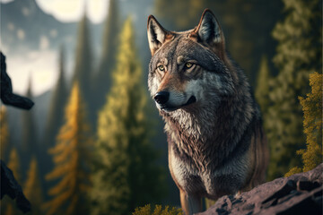 Naklejka premium A wolf on forest mountain looking at the horizon