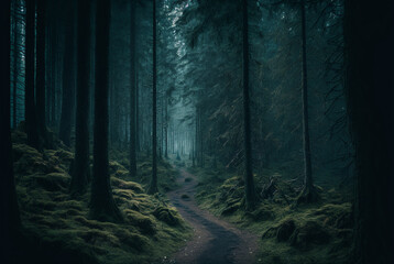 Fototapeta premium a dark gloomy foggy forest tall trees overgrown worn out path stretch endlessly background,generative ai.