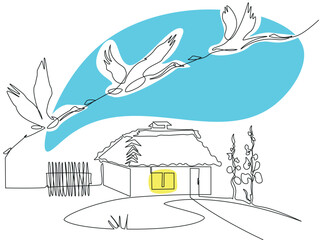 Conceptual image country house and cranes flying away. Ukrainian flag colors design. Continuous one line minimalistic art technique