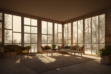 Beautiful Spanish Modern Living Interior with Staged Furniture and Winter Views Made with Generative AI