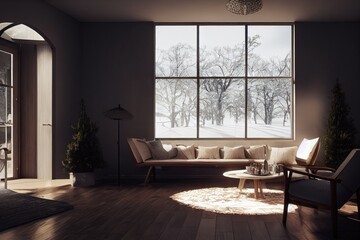 Luxury Mid Century Modern Living Interior with Staged Furniture and Large Windows in Winter Made with Generative AI