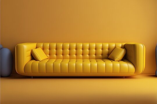 Beautiful Yellow Leather Couch In A Yellow Interior. Generative Ai