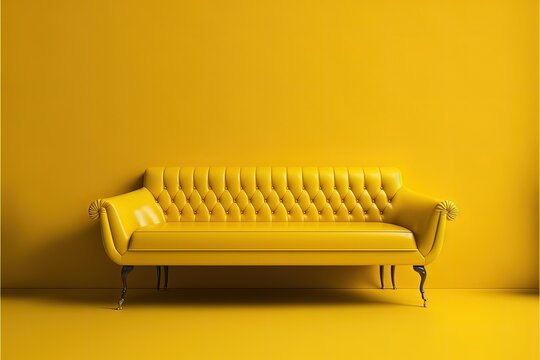 Beautiful Yellow Leather Couch In A Yellow Interior. Generative Ai