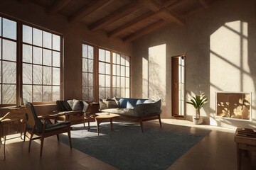 Fototapeta na wymiar Luxurious Modern Minimal Spanish Family Room Interior with Furniture Made with Generative AI