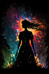 silhouette woman with dress fire ans stars, Generative AI