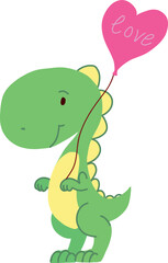 An illustration of a dinosaur in green color with a cartoon heart shaped balloon.