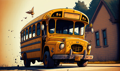 Naklejka na ściany i meble Funny school bus, drawing illustration (ai generated)